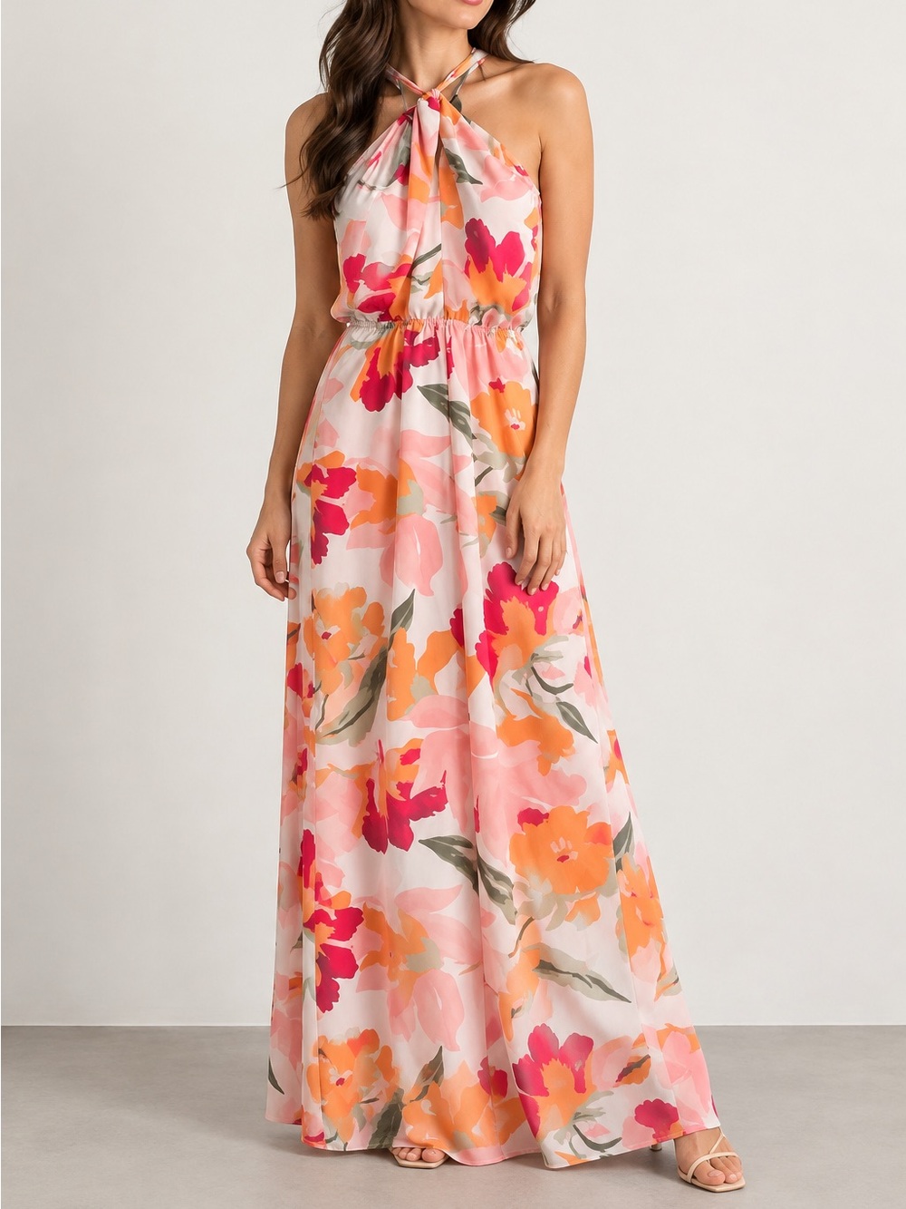 RW&CO. Pink and Orange Floral Halter Maxi Dress